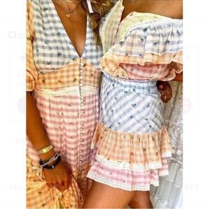 NWT loveshackfancy Leon Mixed Check Ruffle Mini Dress